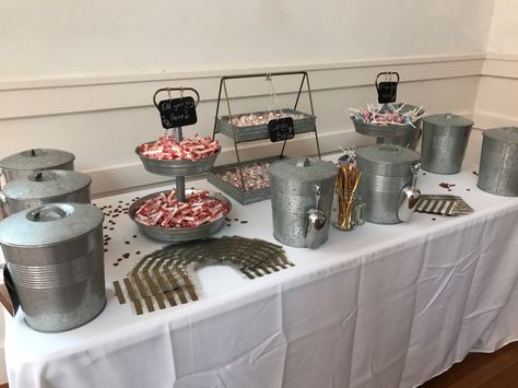 Love this rustic candy buffet.  The metal ice buckets were filled with candy. Rustic Candy Buffet, Ice Buckets, Candy Buffet, Ice Bucket, Buckets, Candy, Silver