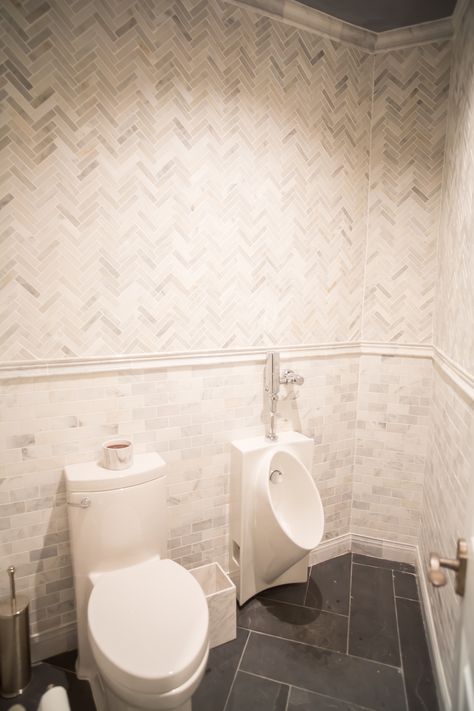 Bathroom With Urinal, Urinal In Home Bathroom, Mancave Bathroom, Bottles Of Alcohol, Slate Floors, Bathroom 2024, Man Cave Basement, Cave Home, Spa Bathroom