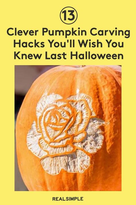 13 Brilliant Pumpkin Carving Hacks You'll Wish You Knew Last Halloween | To prevent your pumpkin carving ambitions from turning into Pinterest fails, we've rounded up 13 genius pumpkin carving hacks that will save you time, extend the life of your pumpkin, and keep all of your fingers intact. #realsimple #halloweenideas #nocarvepumpkinideas #jackolatterns #halloweendecorideas Pumpkin Carving Tips And Tricks, Pumpkin Carving Supplies, Drill Carving Pumpkins, How To Carve A Pumpkin Like A Pro, Pumpkin Carving Hacks, Carve Pumpkin With Drill, 3d Pumpkin Carving, Pumpkin Carving Tips, Last Halloween