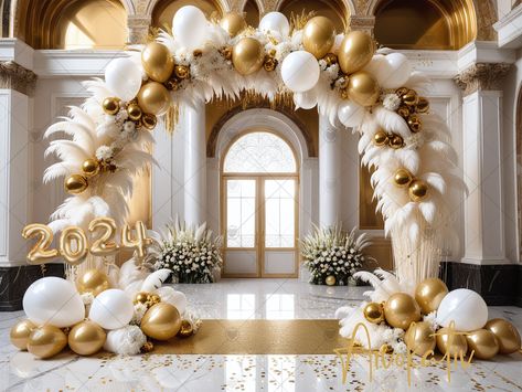 Elegant Backdrop Birthday, Balloon Backdrop Wedding Receptions, White And Gold Theme Party, White And Gold Party Theme, White And Gold Wedding Decor, Background Graduation, Elegant Backdrop, Digital Photography Backdrops, Glitter Balloons