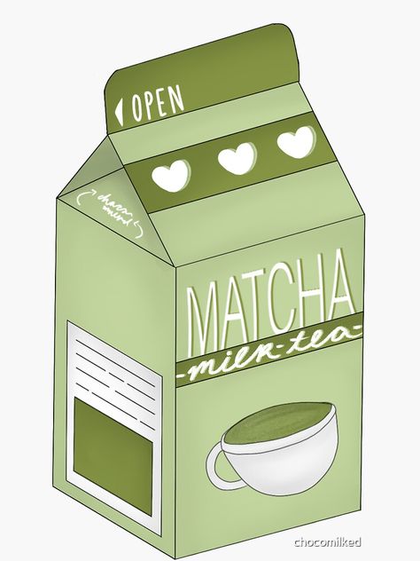 "Matcha Milk Tea Carton (light bg)" Sticker by chocomilked | Redbubble Kawaii Matcha Drawing, Matcha Milk Tea Aesthetic, Matcha Drawing Aesthetic, Matcha Stickers Aesthetic, Milk Tea Drawing, Matcha Cartoon, Latte Tattoo, Matcha Drawing, Matcha Theme