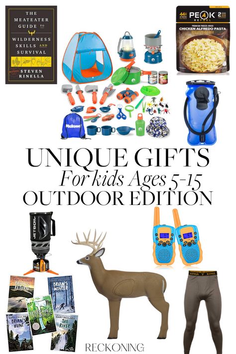 Unique gifts for kids (boys and girls) ages 5-15 that love the outdoors. For Christmas, holidays, birthdays. Quick links in article to helping you find unique gifts for your hunter, fisher or outdoorsman that has it all for her, him and kids. Making it easy to get them something they love for the holiday or just because. Plus listen to the audio to hear why we love them! Outdoor Boy Gifts, Outdoor Gifts For Boys, Little Boy Gifts, Gifts For The Outdoorsman, Gifts For Country Boys, Gifts For 6 Year Boy, Gifts For 5 Year Boy, Outdoor Christmas Gifts For Kids, Outdoor Gifts For Kids