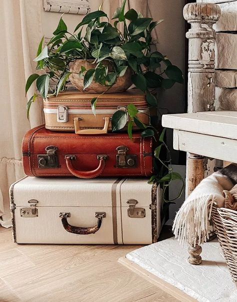 How To Decorate With Old Suitcases Vintage Luggage, Leather Suitcase Decor, Stacked Suitcases Decor, Vintage Luggage Table, Old Suitcase Decor Ideas, Vintage Suitcases Decor, Vintage Suitcase Aesthetic, Luggage Wallpaper, Old Suitcase Decor