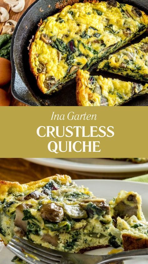 Ina Garten Crustless Quiche is made with spinach, eggs, mushrooms, Muenster cheese, onion, vegetable oil, salt, and pepper. This Crustless Spinach Quiche recipe creates a light and healthy dish that takes about 45 minutes to prepare and can serve up to 6 people. Spinach Mushroom Cheese Crustless Quiche, Egg Spinach Recipes, Crustless Spinach And Mushroom Quiche, Savory Egg Recipes, Egg Spinach Quiche, Asparagus Quiche Crustless, Spinach Quiche Recipes Crustless, Crustless Spinach Quiche Recipes, Mushroom Quiche Crustless