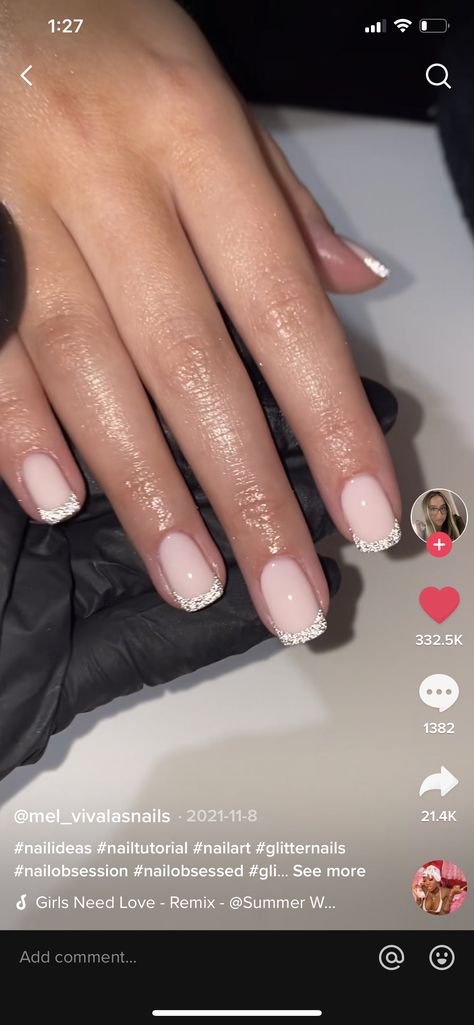 Sparkly French Manicure, Sparkly French Tip Nails, Silver Tip Nails, Silver Manicure, Prom Nails Silver, Glitter French Manicure, Silver Glitter Nails, Tiktok Ideas, French Manicure Nails