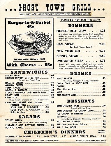 Ghost Town Grill menu | Flickr - Photo Sharing! Pool Menu, Rich Beef Stew, Diner Menu, Grilling Menu, Burger Menu, Vintage Menu, Berry Farm, Vintage Restaurant, Old Advertisements