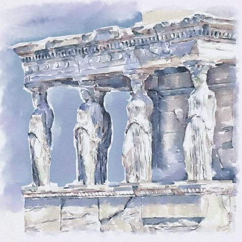 "Porch of the Maidens" | Erechteion, Acropolis, Athens | digital watercolor The Maidens, Greece Architecture, A Level Art Sketchbook, Watercolor Architecture, Figure Sketching, Big Art, Acropolis, Sketchbook Inspiration, Digital Watercolor