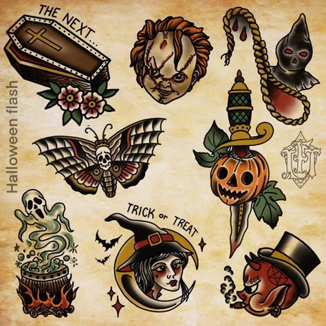 Neo Traditional Halloween Tattoo Flash, Halloween Tattoo Traditional Flash Art, Traditional Horror Tattoo, Vintage Halloween Tattoos, Traditional Tattoo Halloween, Spooky Flash, American Traditional Tattoo Art, Halloween Tattoo Flash, Tattoo Halloween