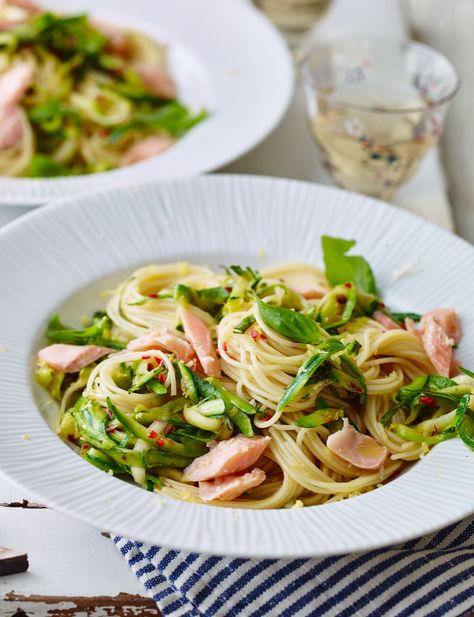 Chilli courgette capelli with smoked trout - Sainsbury's Magazine Tagliatelle Recipe, Creamy Salmon Pasta, Trout Recipes, Vegetarian Life, Smoked Trout, Salmon Pasta, Wine Dinner, Cooking Advice, Healthy Fish