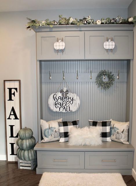 Hall Tree Decor, Blue Buffalo Plaid Decor, Outside Fall Decorations, Indoor Fall Decor, Buffalo Plaid Decor, Plaid Decor, Neutral Fall Decor, Thanksgiving Decorations Diy, Hall Tree