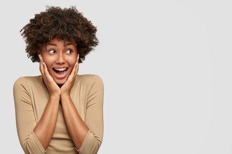 Expressive attractive african american f... | Free Photo #Freepik #freephoto #people #hand #woman #cute Blue Design Graphic, Advertising Video, Behance Design, African Hats, Happy Black, Cheer Girl, Computer Icon, Close Up Portraits, Afro Girl