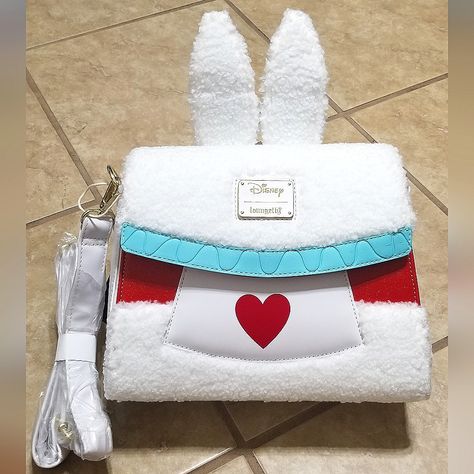 New With Tags Loungefly Disney Alice In Wonderland White Rabbit Figural Fuzzy Crossbody Bag. Measures About 10 Inches W X 8.5 Inches H X 3 Inches D. Snap Button Flap, Removable And Adjustable Crossbody Strap. Weird Purses, Alice In Wonderland Purse, Alice In Wonderland Bag, Alice Rabbit, Alice In Wonderland White Rabbit, Wonderland White Rabbit, Pumpkin Cat, Disney Alice In Wonderland, 80’s Fashion