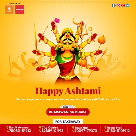 May the power of Goddess Durga empowers you and your family with health, wealth, happiness, and prosperity. 🙏Happy Durga Ashtami!🙏 Ashtami Creative Ads, Durga Ashtami Creative Ads, Happy Ashtami, Happy Durga Ashtami, Maha Ashtami, Durga Ashtami, Goddess Durga, Durga Puja, Amritsar