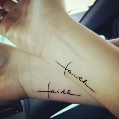 Matching sister tattoos. Faith. Cross. God. Love. Family. Wrist. Tattoo. Faith Cross Tattoos, Love Wrist Tattoo, Matching Tattoos For Siblings, Faith Tattoo On Wrist, Tattoo Son, Cross Tattoos For Women, Matching Sister Tattoos, Faith Tattoo, Faith Cross