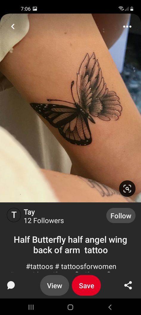 Half Angle Wing Half Butterfly, Butterfly And Wings Tattoo, Angel Wings On Shoulder Tattoo, Angel Wings And Butterfly Tattoo, Eagle And Butterfly Tattoo, Butterfly Tattoo For Someone Who Passed, Angel And Butterfly Tattoo, Half Angel Half Butterfly Tattoo, Angel Wing Butterfly Tattoo