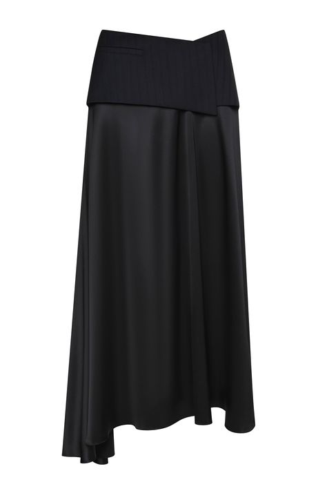 High-waist midi skirt combined from two fabrics: recycled wool upper part and organic silk bottom part. Flared, asymmetrical skirt. Overlayer belt with a clasp fastening. Decorative pockets on the belt. Belt is made from a lined fabric. Color: dark navy and black. Shell: 45% Wool; 55% Polyester / 94% Silk; 6% Elastane Made in Georgia Skirt Design Ideas, Unique Skirts Design, Tango Skirt, Body Con Dress Outfit, Skirt Inspiration, Unique Skirts, Layer Skirt, Tailored Skirt, Pocket Skirt