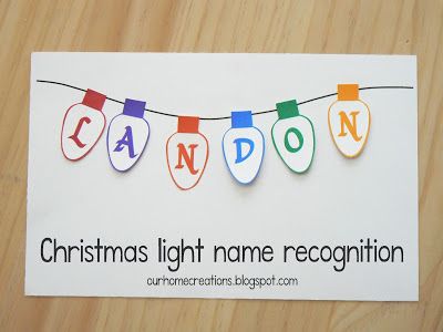 ourhomecreations: Free printable Christmas light name recognition. Christmas Lights Name Preschool, Christmas Name Recognition Activities, Christmas Light Names Preschool, Christmas Light Name Craft, Preschool Bees, Preschool Pumpkins, Prek Christmas, Christmas Learning Activities, Christmas Lesson Plan