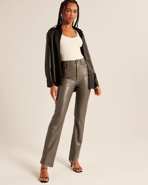 Women's Vegan Leather 90s Straight Pants | Women's Bottoms | Abercrombie.com Kathleen Post, White Pant, Abercrombie (women), Pleather Pants, Tie Waist Pants, Leather Pants Women, Pants Brown, Long Sleeve And Shorts, Classic Pants