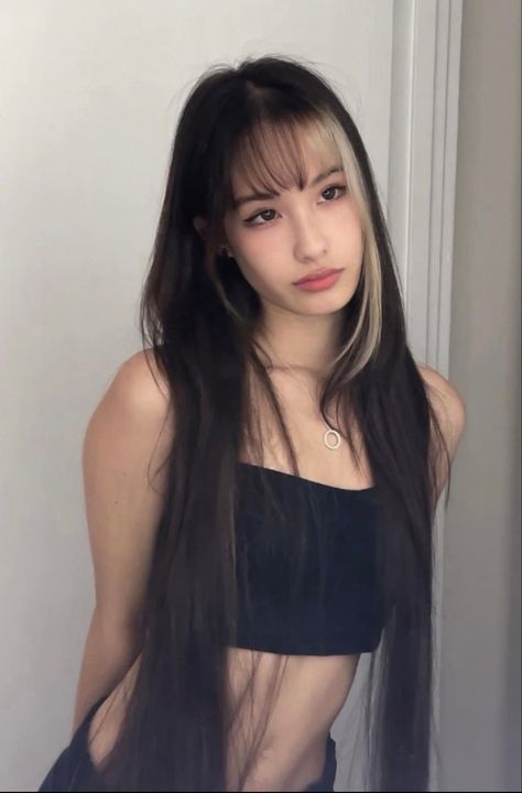 Brown Hair With One White Streak, Black Hair One Blonde Streak, Long Black Hair With White Underneath, Blonde Streak On Black Hair, White Blonde Streaks On Brown Hair, White Highlights With Bangs, Long Hair Front Haircut, One Bleached Streak, Brown Hair With A Blonde Streak