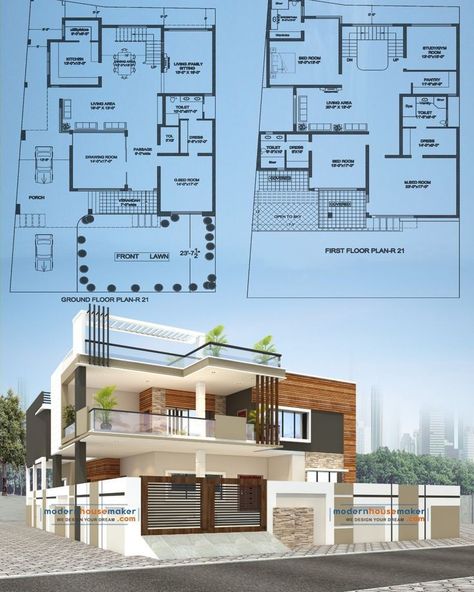 40x40 House Plans, House Projects Architecture, 3 Storey House Design, Two Story House Design, 2bhk House Plan, 2 Storey House Design, House Plans Mansion, Best Modern House Design, Small House Elevation Design