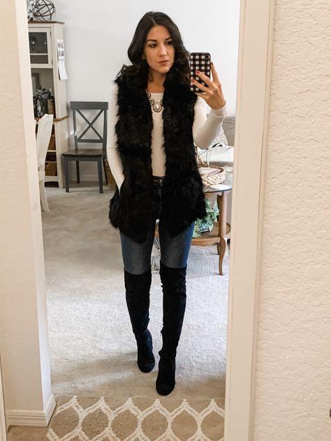 Black Fur Vest Outfits For Women, How To Wear A Fur Vest, Black Fuzzy Vest Outfit, Black Faux Fur Vest Outfit, Black Fur Vest Outfit Ideas, Fur Vest Outfit Dressy, Faux Vest Outfit, Faux Fur Vest Outfit Winter, Brown Fur Vest Outfit