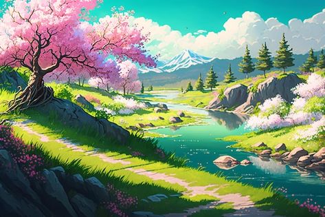 A painting of a river with a mountain in... | Premium Photo #Freepik #photo #japan-sakura #meadow #japan-landscape #grass-landscape Grass Landscape, Japan Sakura, Japan Landscape, Mountain Background, Premium Photo, 1 Million, Nature Art, Paintings, Stock Photos