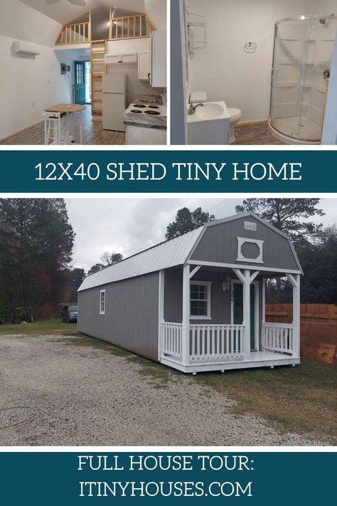 This 12x40 converted shed tiny home is a great family home with a small footprint! Three sizable sleeping areas including main floor bedroom! 400sqft House Floor Plans, 2 Bedroom Tiny Home Floor Plans, Tiny House Three Bedroom, 12x40 Floor Plan Layout, Shed To Tiny House Floor Plans 3 Bed, Tiny Home Floorplan Shed, Tiny House Separate Bedroom, 12x40 Shed House, Tiny House With Bedroom On Main Floor