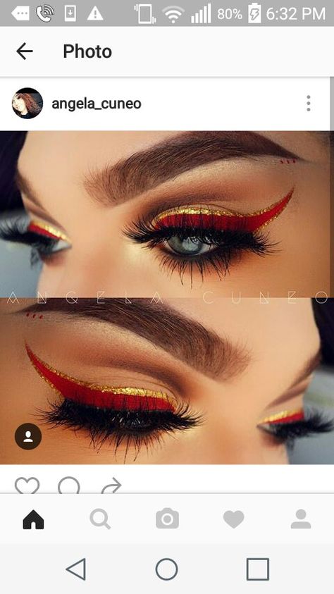 Red and gold liner Red Gold Eyeshadow Looks, Chiefs Eye Makeup, Red Black And Gold Makeup, Red Gold Makeup Look, 49ers Makeup Ideas, Red And Gold Makeup Looks For Prom, Red And Gold Eyeshadow Looks, Gold And Red Makeup, Ring Master Makeup