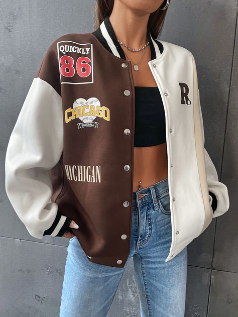 Multicolor Casual Collar Long Sleeve Fabric Colorblock,Letter Varsity Embellished Medium Stretch  Women Outerwear Senior Jackets, College Jackets, Baseball Jacket, Camisa Polo, Inspiration Mode, Winter Fashion Outfits, Jacket Sale, Casual Fall, Women Clothing