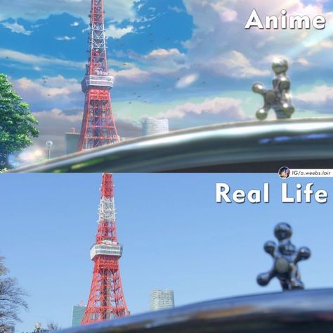 Weeb's Lair on Instagram: “Anime Vs. Real Life - Part 2 ⛅ Anime: Weathering With You - ▶ Follow @a.weebs.lair for original content! Credit for photos - nekoumi on…” Anime Lab Experiment, Anime Locations In Real Life, Made In Abyss Environment, Anime Vs Real Life, Eiffel Tower, Real Life, Naruto, Tower, The Originals