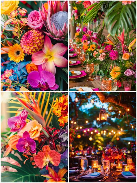 Tropical Mexican Wedding, Colombia Wedding Ideas, Coco Wedding Theme, Beach Wedding Colorful, Tropical Event Decor, Multicolor Wedding Theme, Tropical Wedding Palette, Hawaiian Wedding Theme, Tropical Wedding Colors