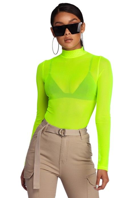 Neon Green Mesh Top, Ropa Color Neon, Yellow Top Outfit, Neon Clothes, Sequin Top Dress, Png Outfits, Colourful Fashion, Sheer Mesh Top, Spring Trends Outfits