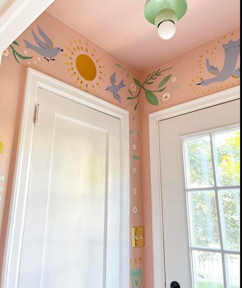 Colorful Nursery Aesthetic, Full Painted Room, Cricut Interior Design, Small Bedroom Mural, Fun Interior Paint Ideas, Painted Details On Wall, Hand Painted Wall Pattern Bathroom, Whimsical Wall Paint Ideas, Cute Nursery Ideas Colorful