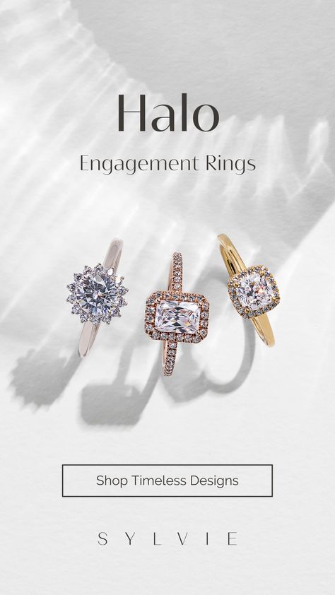 These gorgeous engagement rings are so special because they’re all wrapped in a halo of brilliant diamonds. Halo Engagement Rings are some of the favorites of all time. The halo adds a delicate detail creating a dazzling look you won’t be able to resist! Whether you prefer a round, oval, cushion, pear, radiant, emerald, or princess cut, set the stage with an extra simple or double layer of sparkling diamonds surrounding your center stone and shine forever. SYLVIE | Halo Engagement Ring Jewelry Instagram Story Design, Bold Shoot, Unique Halo Ring, Gorgeous Engagement Rings, Engagement Rings Halo Princess Cut, Antique Quotes, Jewelry Advertising, Jewellery Shoot, Jewelry Guide