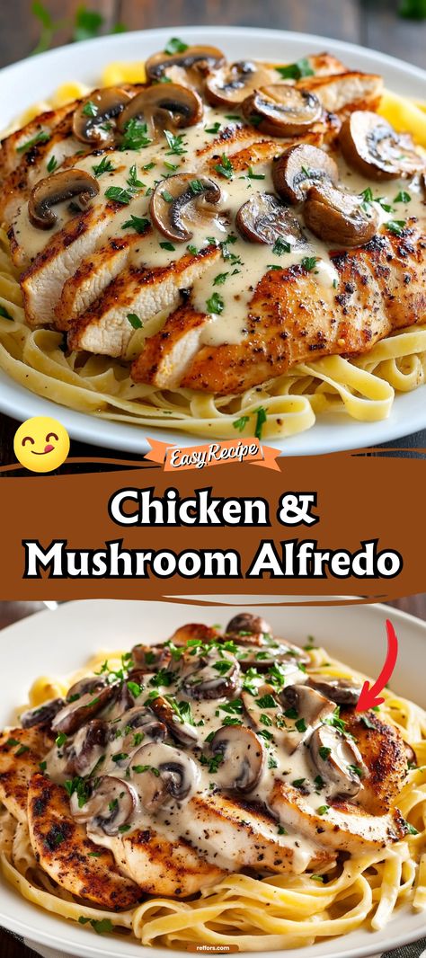 Delve into the creamy depths of our Chicken & Mushroom Alfredo, a rich blend of tender chicken, earthy mushrooms, and silky Alfredo sauce twirled with perfectly cooked pasta. This dish is a surefire way to turn any dinner into a special occasion. #ChickenAlfredo #MushroomPasta #CreamyDinner Alfredo Sauce With Mushrooms, Chicken And Mushroom Alfredo, Chicken For Chicken Alfredo, Chicken Mushroom Alfredo Pasta, Chicken Mushroom Alfredo, Mushroom Chicken Recipes, Chicken And Mushroom Recipes, Chicken And Mushroom Pasta, Simple Chicken Alfredo Recipe