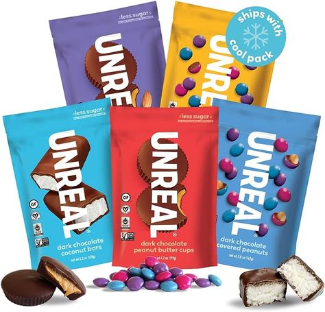 UNREAL Vegan Variety Pack (5 Bag Sampler) | Less Sugar, Fair Trade, Non-GMO Ingredients with no Corn Syrup or Sugar Alcohols, No Soy Coconut Chocolate Bars, Dark Chocolate Caramel, Fair Trade Chocolate, Chocolate Covered Almonds, Chocolate Covered Peanuts, Dark Chocolate Almonds, Coconut Bars, Chocolate Liquor, Less Sugar