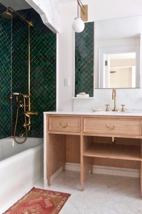 Green Shower Tile, Green Tile Bathroom, Bathroom Installation, Hall Bathroom, Brooklyn Heights, Brass Fixtures, Upstairs Bathrooms, Green Tile, Green Bathroom