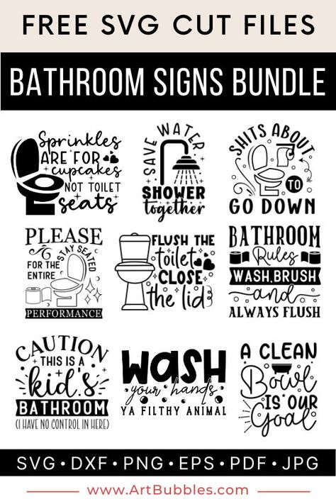 Bathroom Svg Files Free, Free Bathroom Svg, Bathroom Rules Sign, Bathroom Svg, Design Bundles Svg, Bathroom Projects, Bathroom Decals, Bathroom Quotes, Svg Bundles