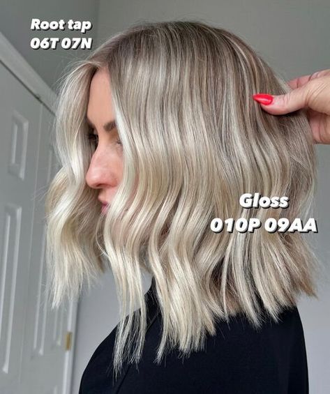 Lisa Mathews on Instagram: "Vanilla Blonde formula drop 

Lightened using @redkenpro Flash Lift Power 9 with built in bonder. The level of lift I’m able to achieve is unreal 🙌

This formula is for a level 10 blonde (swipe to see the lift before toning) that wants a darker ashy root and bright but cool blonde. 
Root Tap: 07N 06T (this was just a slight tap to blend and blur) 
Gloss formula: 010P 09AA (my fav formula for a bright but cool blonde) 

Save this look for reference
Tag someone who would love this hair
@behindthechair_com @marybehindthechair @haleygable @chrissylan @caitlyn_cummings @kevin.givens @_shayalexis #BTCxRedkenPartner #behindthechair
#thebtcteam #flashliftpower9 

#brightblonde #hairtrends #vanillablonde #haireducator #blondingspecialist @cosmoprofbeauty @saloncentric @ Level 9 Cool Blonde, Root Tap Blonde Formula, Vanilla Blonde Formula, Blonde Hair Root Tap, Blonde Hair With Root Tap, Blonde Root Tap, Root Tap Blonde, Level 10 Blonde, Root Tap