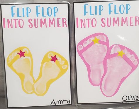 Flip Flop Footprint Craft, First Day Of Summer Crafts For Infants, Flip Flop Craft Preschool, Summer Infant Crafts Footprints, Hello Summer Preschool Activities, Summer Arts And Crafts For Infants, June Infant Art, Summer Footprint Crafts, Summer Crafts For Infants Daycare