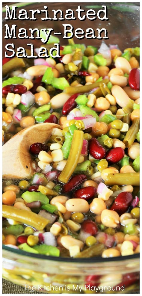 Easy Marinated Many Bean Salad ~ A great classic make-ahead salad for the family or for serving a crowd! Perfect for cookouts, potlucks, or as an everyday side.  www.thekitchenismyplayground.com Bean Salad Recipes Dressing, Bean Salad Dressing Recipes, 3 Bean Salad Recipe Dressing, Marinated Beans Recipe, 4 Bean Salad Recipe, 5 Bean Salad Recipe, Best Bean Salad, Lima Bean Salad, Montana Recipes