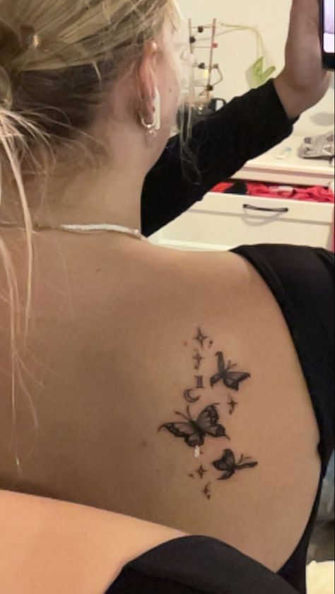 Shoulder tattoo, Gemini butterfly Tattoo Ideas Shoulder Back, Butterfly Back Of Shoulder Tattoo, Tattoo On Back Shoulder For Women, Butterfly Back Shoulder Tattoo, Shoulder Tattoos Butterfly, Tattoos On Back Of Shoulder, Small Back Shoulder Tattoos For Women, Cool Shoulder Tattoos For Women, Back Of The Shoulder Tattoos For Women