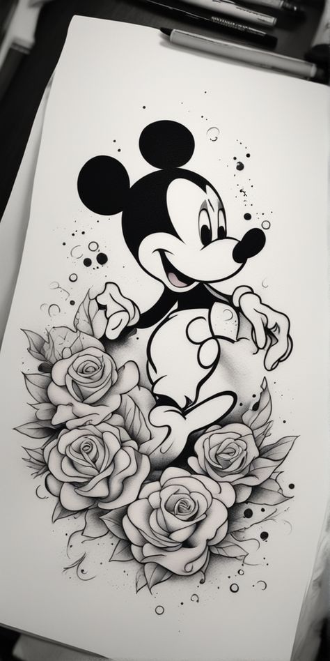 This is a monochromatic, new-school style tattoo image of a Disney character boldly drawn on a blank canvas. The black and white scheme enhances the animation-like design, giving it a stylish and edgy look. Disney Inspired Tattoo, Black Sketches, Disney Tattoo, Style Tattoo, School Style, Disney Tattoos, Disney Character, New School, Edgy Look