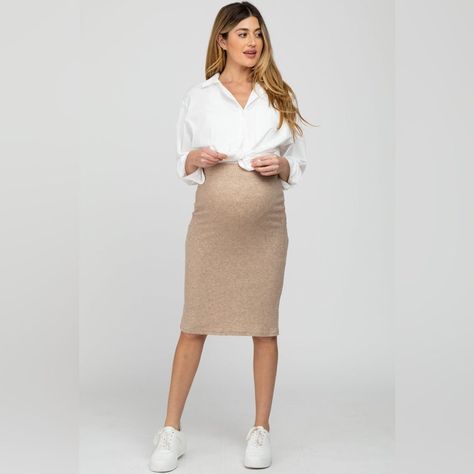 Pinkblush Skirts | Pinkblush Knit Oatmeal Midi Skirt Nwt | Color: Tan | Size: Various Maternity Corporate Wear, Maternity Maxi Skirt Outfit, Pregnant Skirt Outfit, Business Casual Outfits Pregnant, Business Maternity Outfits, Pregnancy Outfits For Work Offices, Maternity Office Outfits, Maternity Outfits For Work, Pregnancy Work Outfits