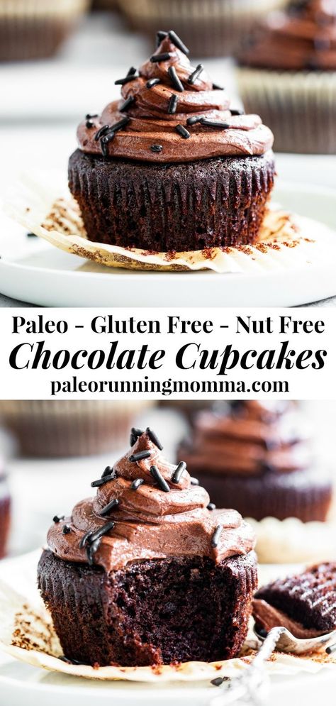 These paleo chocolate cupcakes are perfectly tender, moist and rich with a dairy-free buttercream frosting that tastes just like the real deal!  They’re gluten free, dairy free and nut free and kid approved.  Great for birthdays, holidays or simply because you're craving chocolate! #healthydessert #paleo #glutenfree Paleo Chocolate Cupcakes, Cupcakes With Chocolate Frosting, Dairy Free Buttercream, Paleo Cupcakes, Nut Free Desserts, Paleo Running Momma, Cupcakes Gluten Free, Paleo Cake, Cupcakes With Chocolate