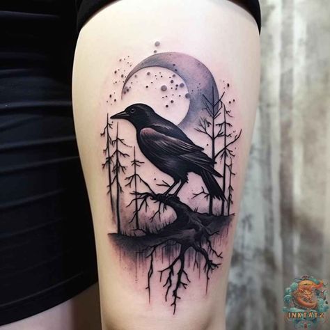 The Mysterious and Mythical Meanings Behind the Iconic Raven Tattoo: 57 Designs - inktat2.com Crow Tattoo Collarbone, American Crow Tattoo, Crow On Books Tattoo, Feminine Crow Tattoos For Women, Crow Tattoo For Women Beautiful, Tiny Crow Tattoo, Crow Tattoo For Women, Cute Crow Tattoo, Crow Back Tattoo