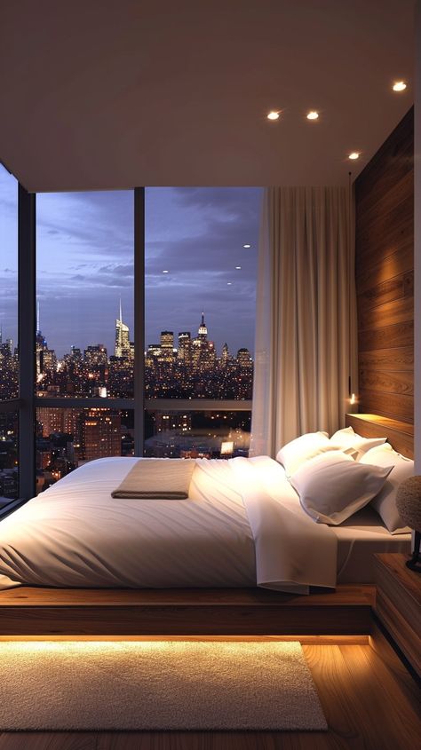 "City View Bedroom: A #luxurious bedroom with a #panoramic #view of the city #skyline during the evening twilight. #interiordesign #twilight #decor #urban #architecture #contemporary #smartliving #stockcake ⬇️ Download and 📝 Prompt 👉 https://stockcake.com/i/city-view-bedroom_194583_34564" Small City Apartment Bedroom, Luxurious Penthouse Bedroom, Bedroom With City View, Twilight Decor, City View Bedroom, Urban Bedroom, Minimalist Bed Frame, Nyc Rooms, City Bedroom