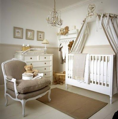 I love the canopy over the bed to give a sense of intimate and private space. Yes I love the neutral colors of the room too. Not all things have to be loud and colorful...ad some color with throws and pillows and toys etc. Life is colorful, The neutral setting makes everything else pop out more and is elegant and chic. Country Nursery, Chic Shack, Baby Room Neutral, White Nursery, Beautiful Nursery, Baby Center, Gender Neutral Nursery, Baby's Room, Nursery Inspiration