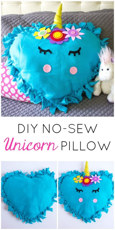 These no-sew unicorn pillows are the perfect kids craft! #unicornpillow #unicorndecor #nosewpillow #unicorncraft No Sew Pillows For Kids, No Sew Projects For Kids, No Sew Kids Crafts, No Sew Crafts For Kids, Unicorn Sewing Projects, Diy Pillows For Kids, Kid Pillows, No Sew Crafts, Diy Kids Pillows