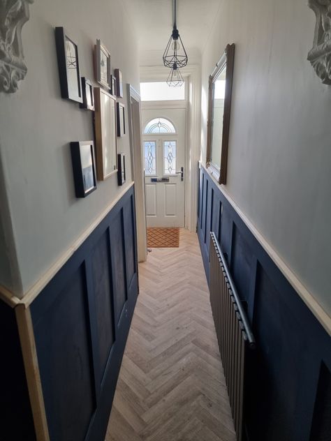 Starry night blue painted shaker panelling with herringbone flooring Shaker Panelling, Hallway Panelling, Blue Hallway, Herringbone Flooring, Narrow Entryway, Herringbone Floor, Night Blue, Small Living Room, Blue Paint